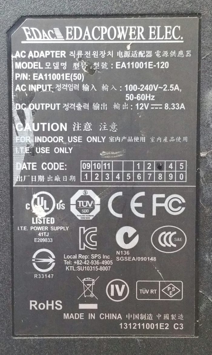 EDAC AC Adapter EA11001E-120 12V 8.33A - Image 3
