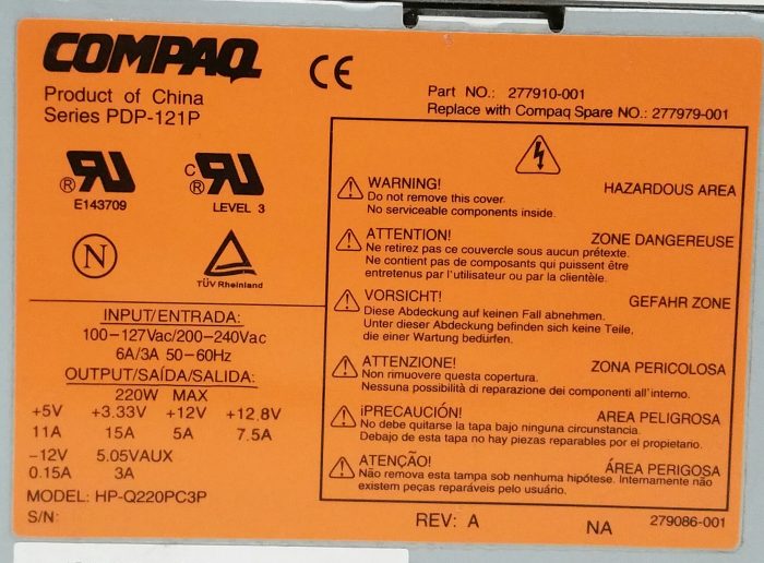 Compaq HP-Q220PC3P Series PDP-121P 220W Max Power Supply - Image 3
