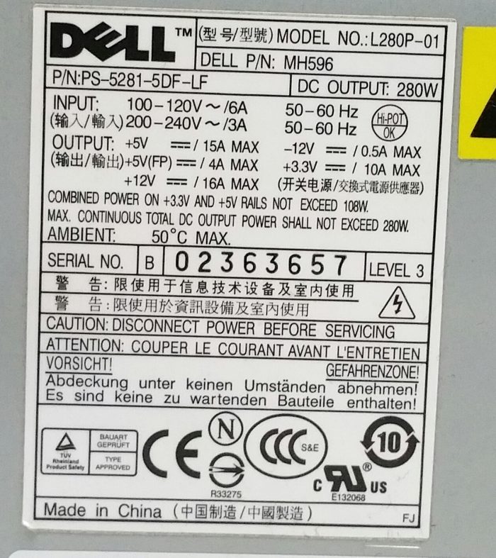 Dell L280P-01 280W Power Supply Unit PSU - Image 3