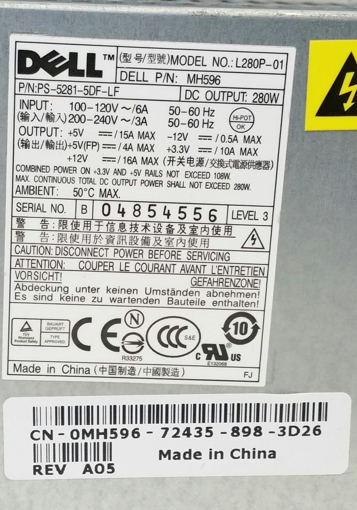Dell L280P-01 Rev A05 280W Power Supply Unit PSU - Image 3
