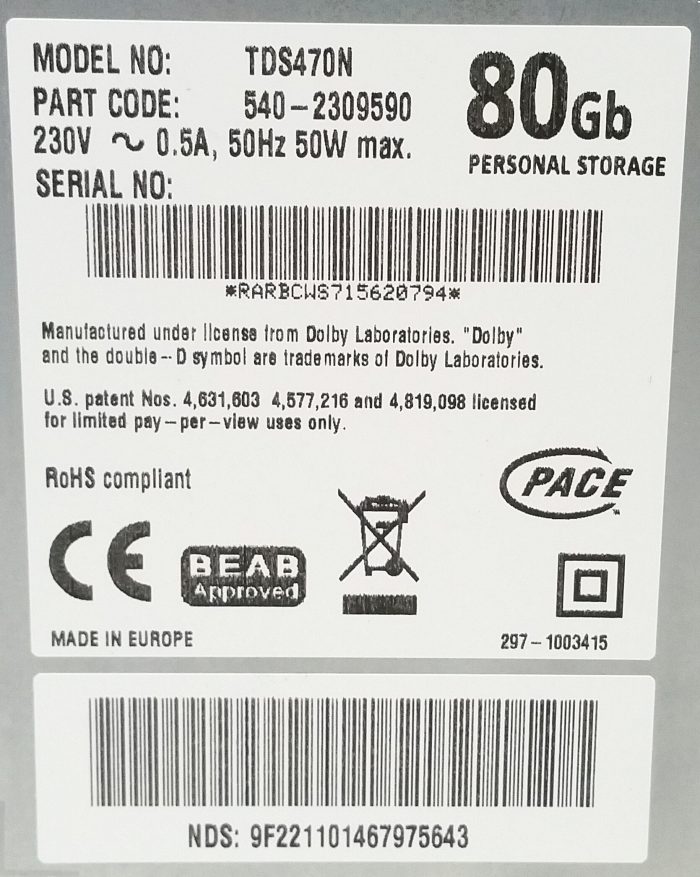 Sky+ TDS470N Dolby Digital DV3 80GB Satellite Receiver Box - Image 3