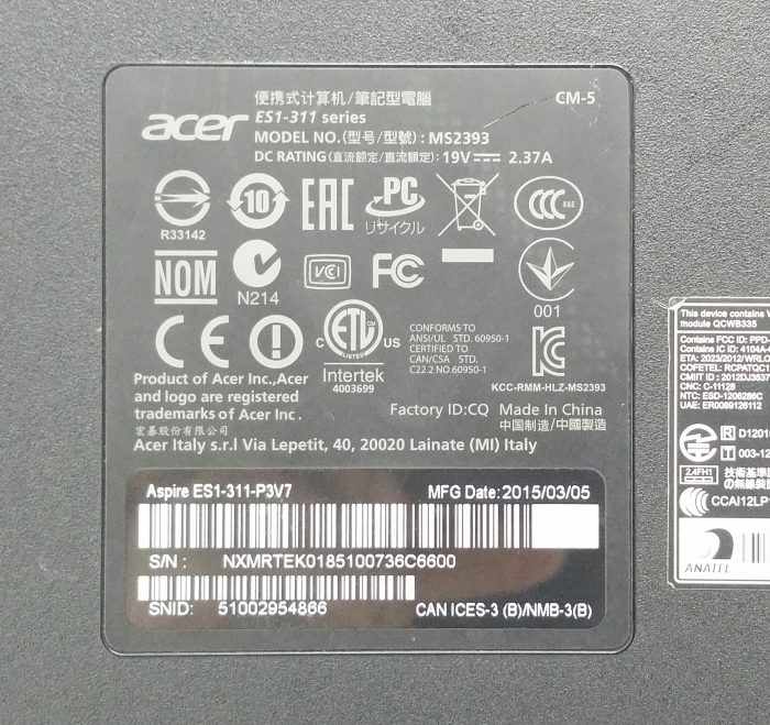 Acer Aspire MS2393 ES1-311 Series Pentium N3540 2.66GHz 2GB Ram 500GB HDD Windows 10 64 - Image 4
