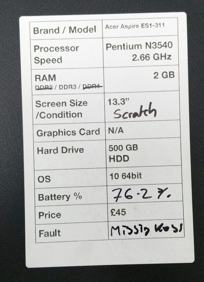 Acer Aspire MS2393 ES1-311 Series Pentium N3540 2.66GHz 2GB Ram 500GB HDD Windows 10 64 - Image 2
