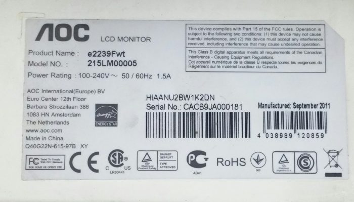 AOC 215LM00005 e2239Fwt 21" HDMI VGA LCD Monitor - Image 3