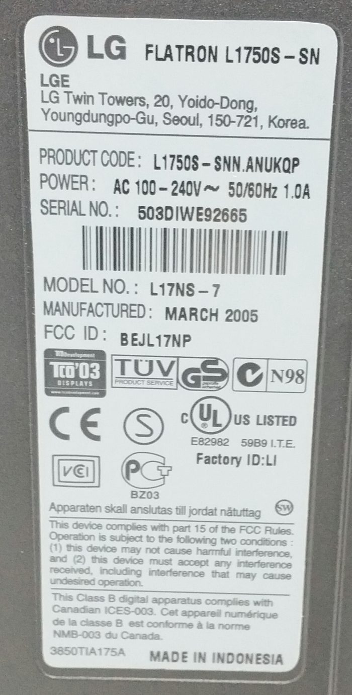 LG Flatron L1750S-SN L17NS-7 17.5" VGA Monitor - Image 3