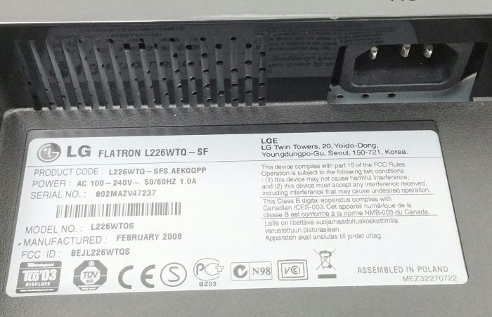 LG Flatron Wide L226WTQS L226WTQ-SF 22.5" VGA DVI Monitor With No Stand - Image 3