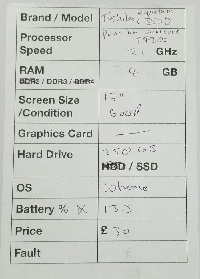 Toshiba Equium L350D PSLE2E-001002KS- Pentium Dual Core T4300 2.1GHz - 4GB RAM - 17" - 250GB SSD - Windows 10 Home - Image 3