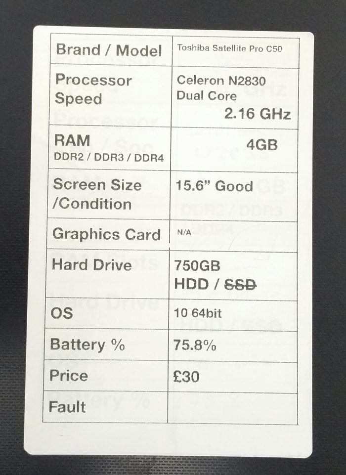 Toshiba Satellite Pro C50-B-1CH- Celeron N2830 Dual Core 2.16GHz - 4GB RAM - 15.6" - 750GB HDD - Windows 10 64bit - Image 3