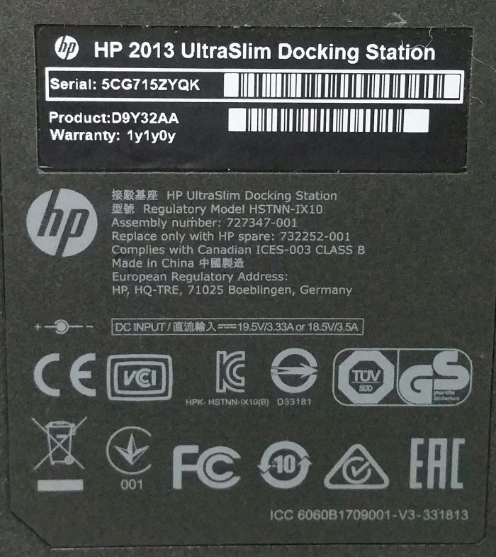 HP 2013 D9Y32AA HSTNN-IX10 UltraSlim Docking Station No Power Adapter - Image 3