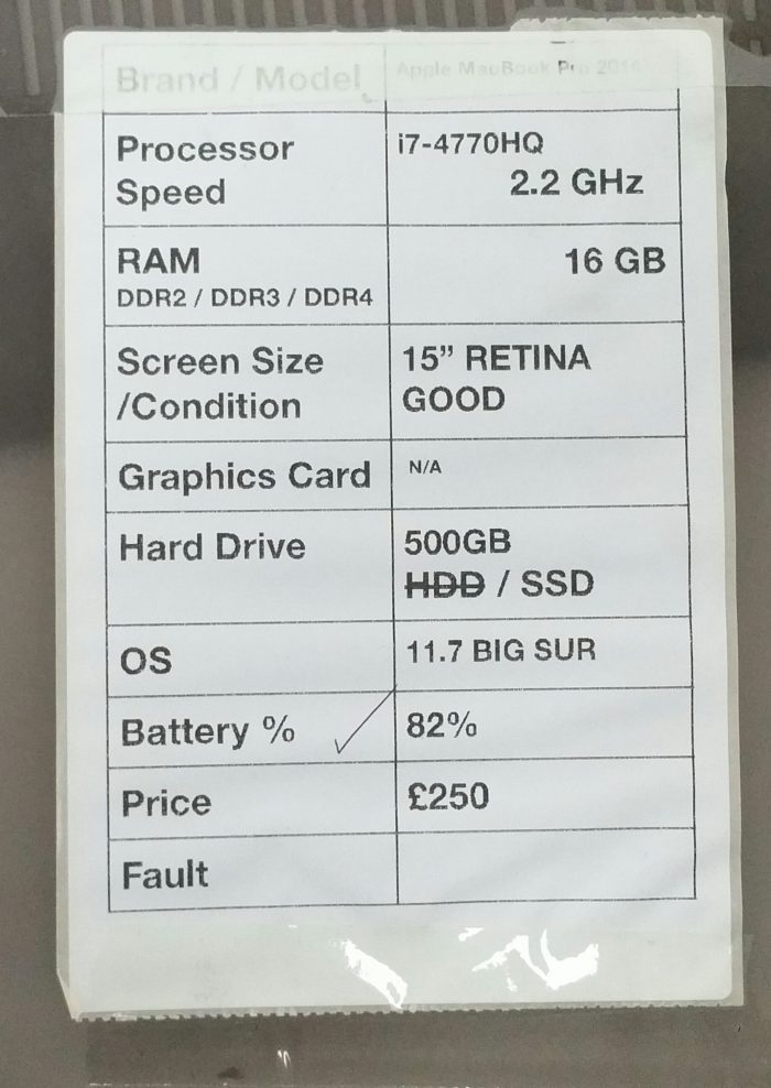 Apple Macbook Pro A1398 - i7-4770HQ 2.2GHz - 16GB DDR3 - 15" - 500GB SSD - 11.7 Big Sur (2014) - Image 3