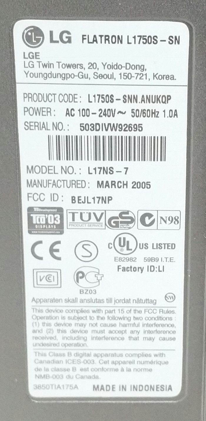 LG Flatron L1750S-SN L17NS-7 17.5" VGA Monitor - Image 3