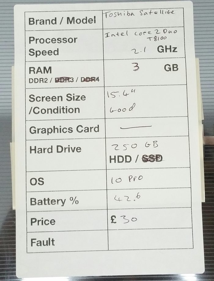 Toshiba Satellite A300-1BZ PSAJ4E-03L016KS - Intel Core 2 Duo T8100 2.1GHz - 3GB - 15.4" - 250GB HDD - Windows 10 Pro - Image 3