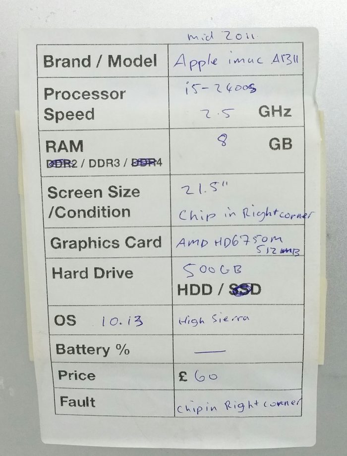 Apple iMac A1311 - i5-2400S 2.5GHz - 8GB RAM - 21.5" AMD HD6750M 512MB 500 GB HDD - High Sierra 10.13 (Mid 2011) - Image 3