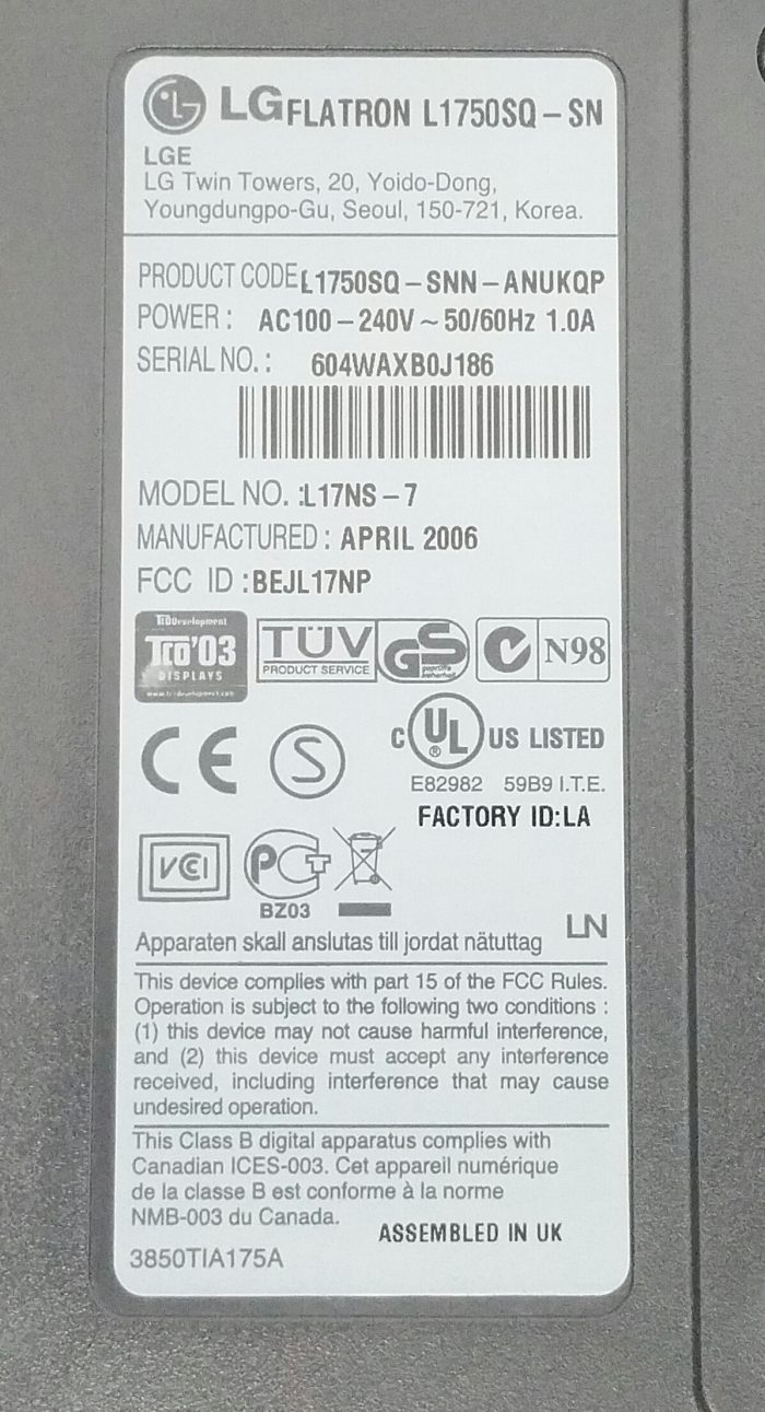 LG Flatron L1750SQ-SN L17NS-7 17" VGA Monitor - Image 3