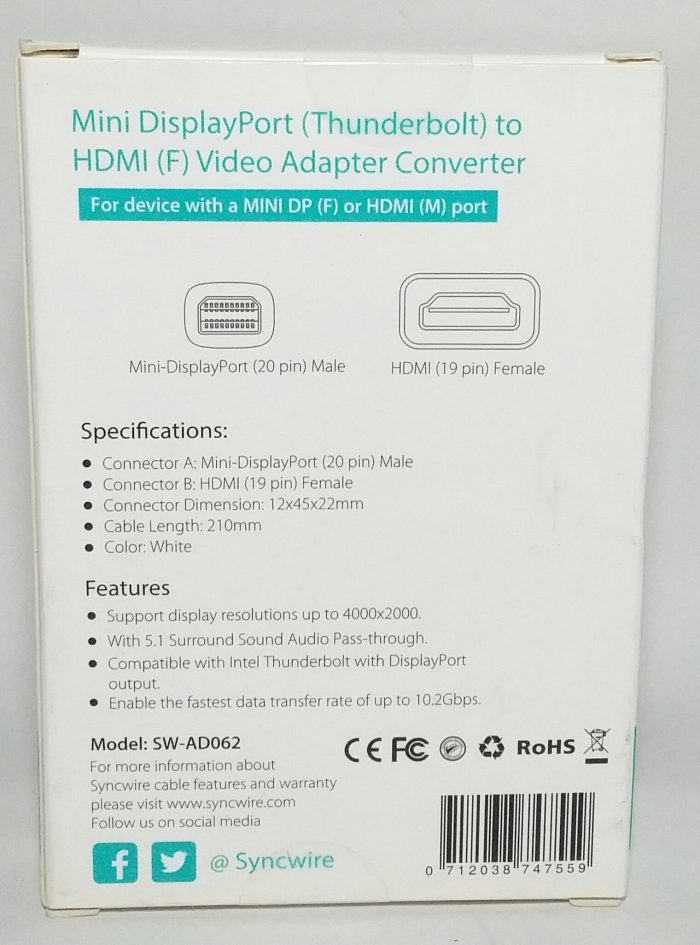 Syncwire SW-AD062 Mini Display Port (Thunderbolt) to HDMI (F) Video Adapter Converter - Image 4