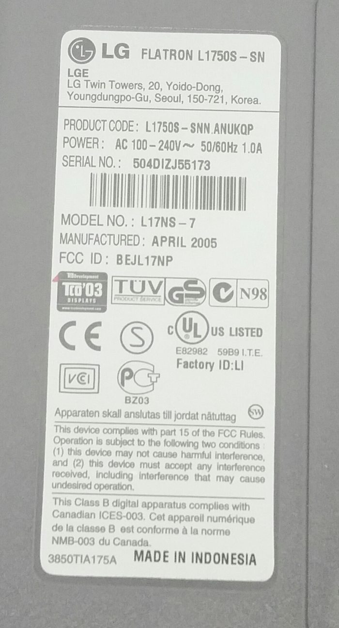 LG Flatron L1750S-SN L17NS-7 17.5" VGA Monitor - Image 3