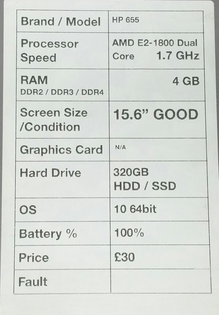 HP 655 - AMD E2-1800 Dual Core 1.7GHz - 4GB RAM - 15.6" - 320GB HDD - Windows 10 64 - Image 3