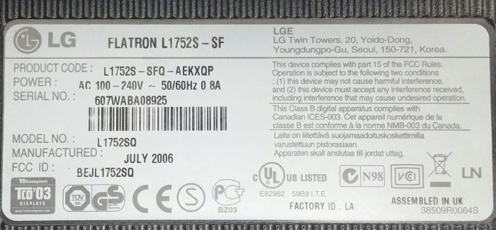 LG Flatron L1752S-SF L1752SQ 17" VGA Monitor - Image 3