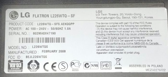 LG Flatron Wide L226WTQ-SF L226WTQS 22.5" VGA DVI Monitor - Image 3
