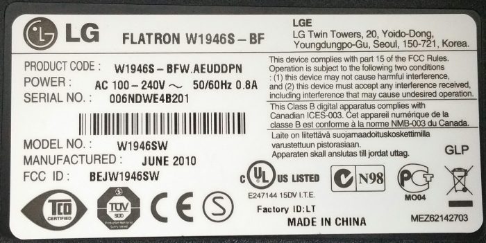LG Flatron W1946S-BF W1946SW 19" VGA Monitor - Image 3