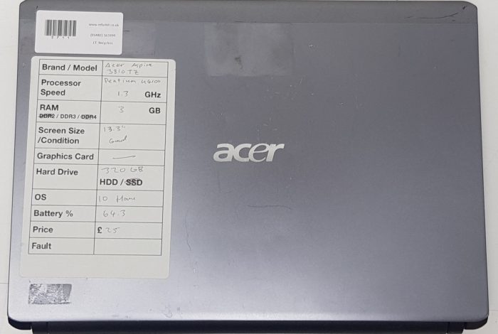 Acer Aspire 3810TZ - Pentium u4100 1.3GHz - 13" - 3GB RAM - 320GB HDD - Windows 10 home - Image 3