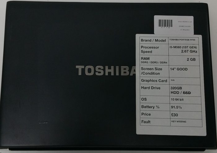 Toshiba Portege R700 - i5-M560 2.7GHz - 2GB RAM - 14" - 320GB HDD - Windows 10 64bit - Image 3