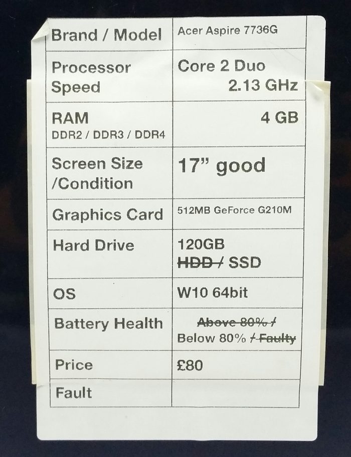 Acer Aspire 7736G Series MS2279 Core 2 Duo 2.13GHz 4GB Ram 17" 512MB GeForce G210M 120GB SSD Windows 10 64bit - Image 3