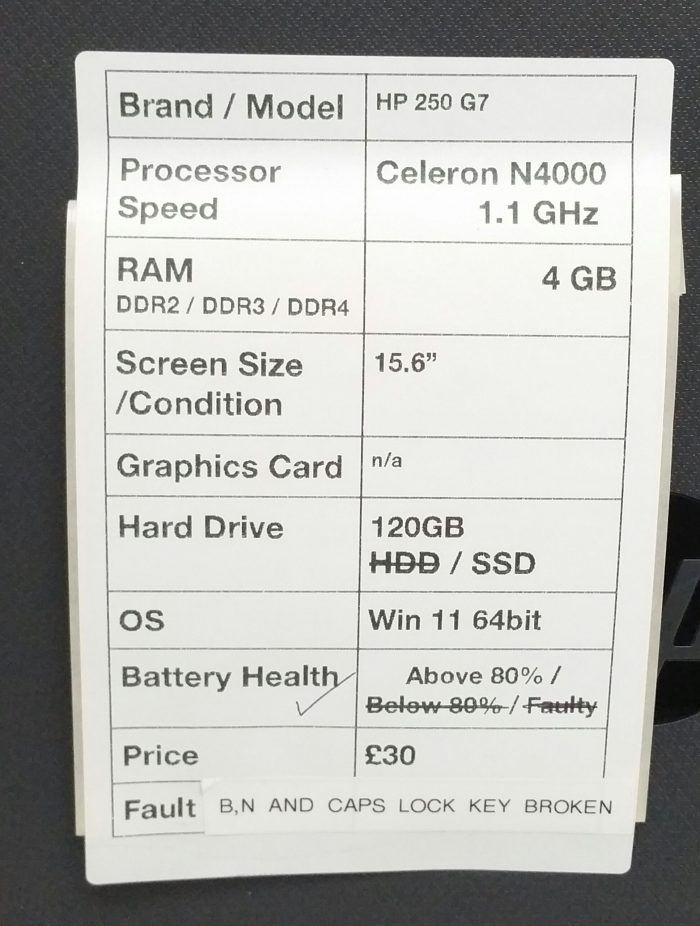 HP 250 G7 - Celeron N4000 1.1GHz - 4GB RAM - 15.6" - 120GB SSD - Windows 11 64bit - Image 3