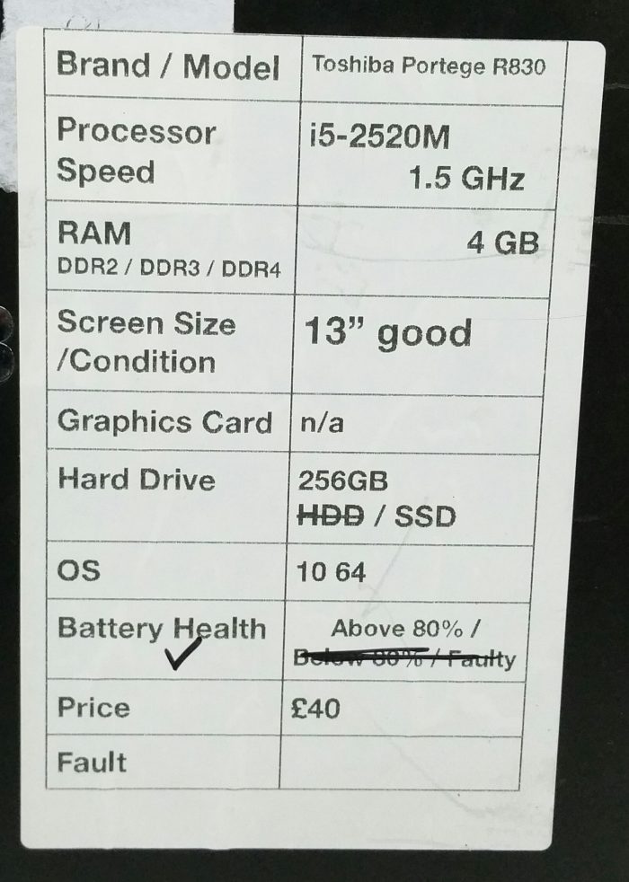 Toshiba Portege R830-13C i5-2520M 1.5GHz 4GB Ram 13" 256GB SSD Windows 10 64 - Image 3