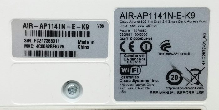 Cisco AIR-AP1141N-E-K9 VO8 Aironet 802.11n Draft 2.0 Single Band Access Point - Image 3