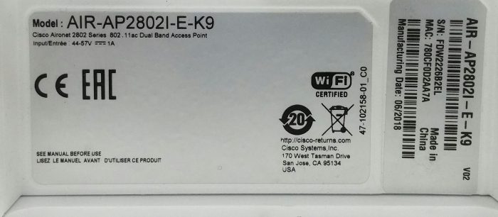 Cisco AIR-AP2802I-E-K9 V02 Aironet 2802 Series 802.11ac Dual Band PoE Access Point - Image 3