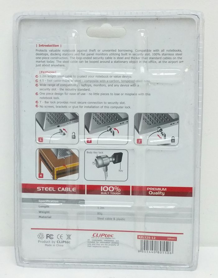 Cliptec RZL525-12 Silver Notebook Cable Lock - Image 3