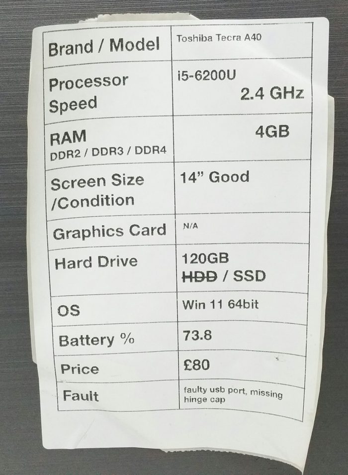 Toshiba Tecra i5-6200U A40-C-151 2.4GHz 4GB Ram 14" 120GB SSD Windows 11 64bit - Image 3