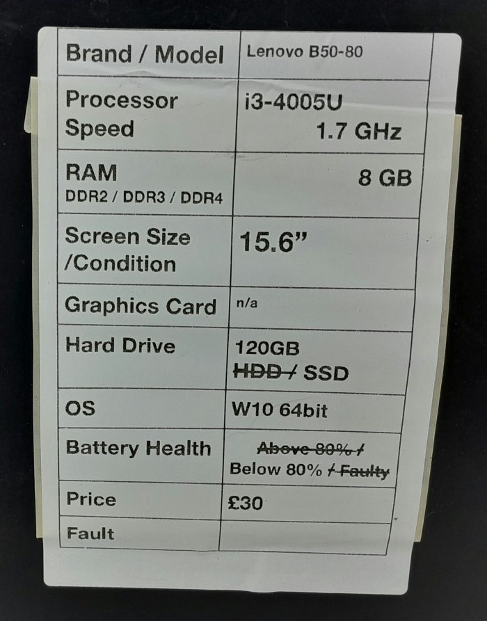 Lenovo E50-80 80LT i3-4005U 1.7GHz 8GB Ram 15.6" 120GB SSD Windows 10 64bit - Image 3