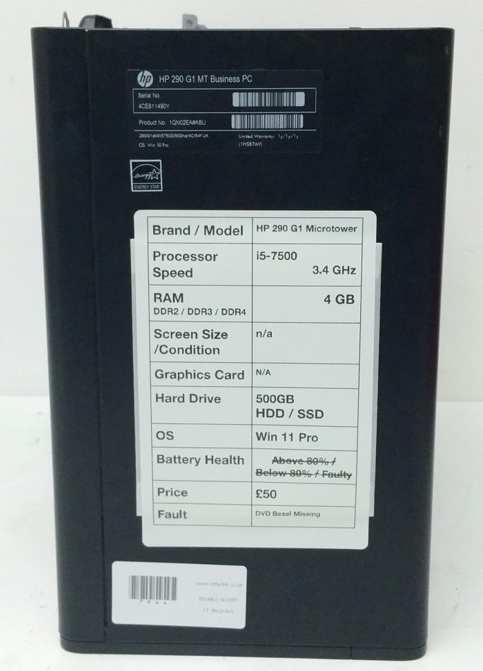 HP 290 G1 - i5-7500 3.4GHz - 4GB Ram - 500 GB SSD - Window 11 Pro MicroTower  Business PC - Image 3