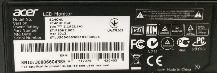Acer S240HL 24" HDMI DVI VGA LCD Widescreen Monitor - Image 3