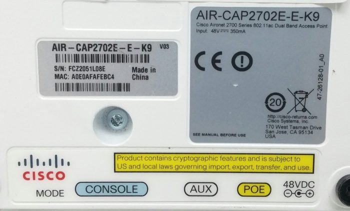 Cisco AIR-CAP2702E-E-K9 Aironet 2700 Series 802.11ac Dual Band PoE Access Point - Image 3