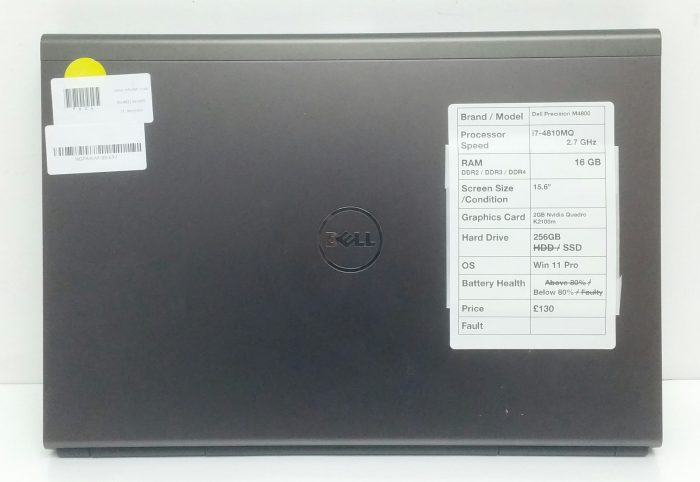 Dell Precision M4800 - i7-4810MQ 2.7GHz - 16GB RAM - 15.6" - 2GB Nvidia Quadro K2100m - 256GB SSD - Window 11 Pro - Image 3
