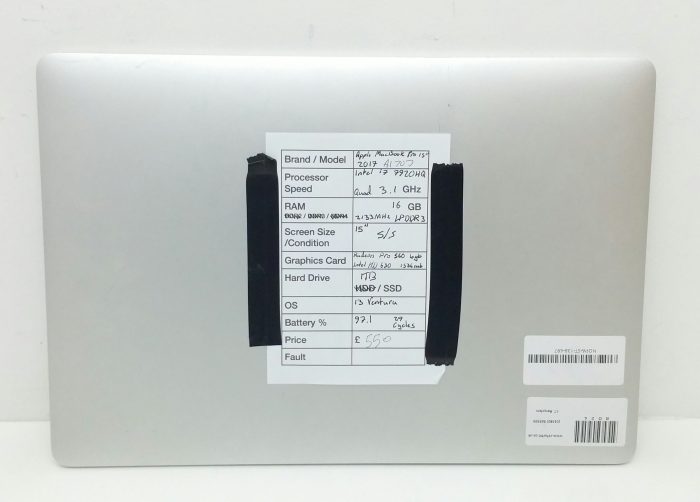 Apple MacBook Pro A1707 EMC:3162 - Intel i7-7920HQ Quad 3.1GHz - 16GB - 15" - Radeon Pro 4GB Intel HD 630 1536mb - 1TB SSD - 13 Ventura (2017) - Image 3