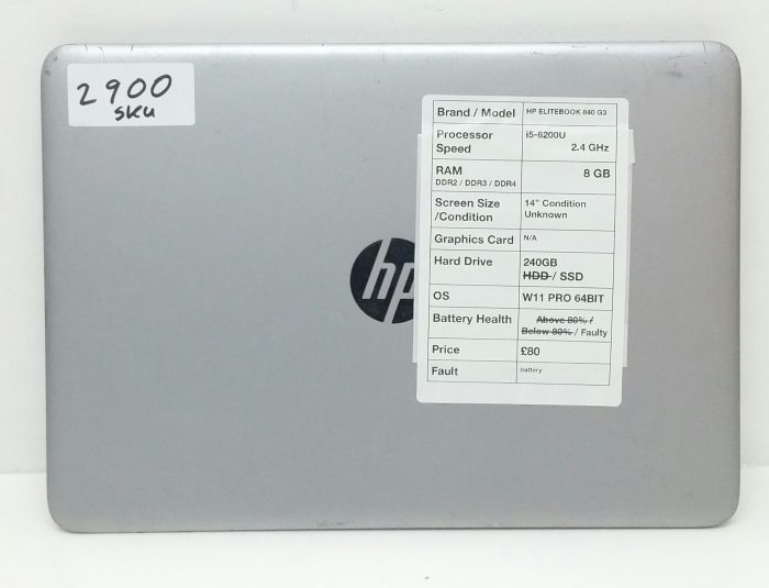 HP Elitebook 840 G3 - i5-6200U 2.4GHz - 8GB Ram - 14" - 240GB SSD - Windows 11 Pro 64Bit - Image 3