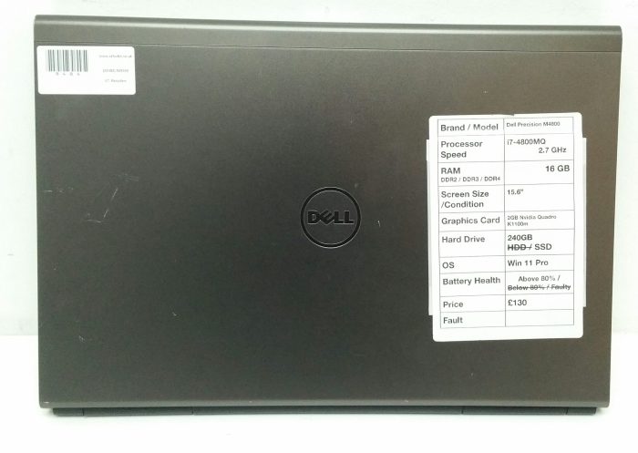 Dell Precision M4800 - i7-4800MQ 2.7GHz - 16GB RAM - 15.6" - 2GB Nvidia Quadro K1100m - 240GB SSD - Window 11 Pro - Image 3