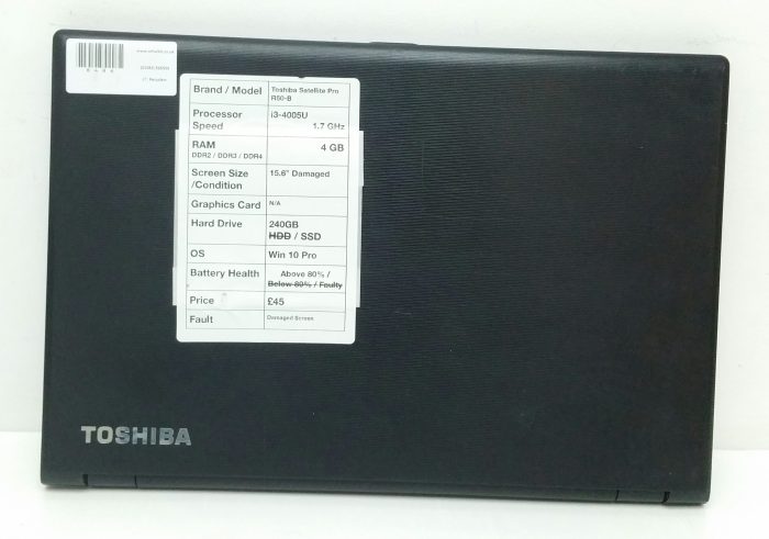 Toshiba Satellite Pro R50-B-12P - i3-4005U 1.7GHz - 4GB - 15.6" - 240GB SSD - Windows 10 Pro - Image 3