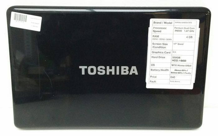 Toshiba Satellite L670-10N - Pentium Dual Core P6000 1.87GHz - 4GB - 17" - 500GB HDD - Windows 10 Home 64bit - Image 3