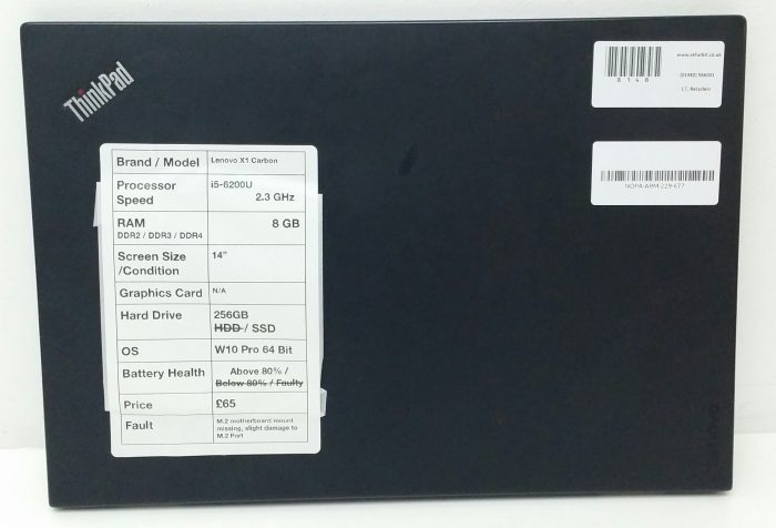 Lenovo ThinkPad X1 Carbon 4th Gen - i5-6200U 2.3GHz - 8GB Ram - 14" - 256GB SSD - Windows 10 Pro 64bit - Image 3