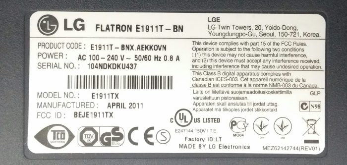 LG Flatron E1911T-BN E1911TX 18.5" VGA DVI Monitor - No Stand - Image 3