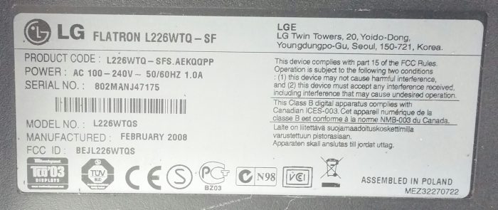 LG Flatron Wide L226WTQ-SF L226WTQS 22.5" VGA DVI Monitor - Image 3
