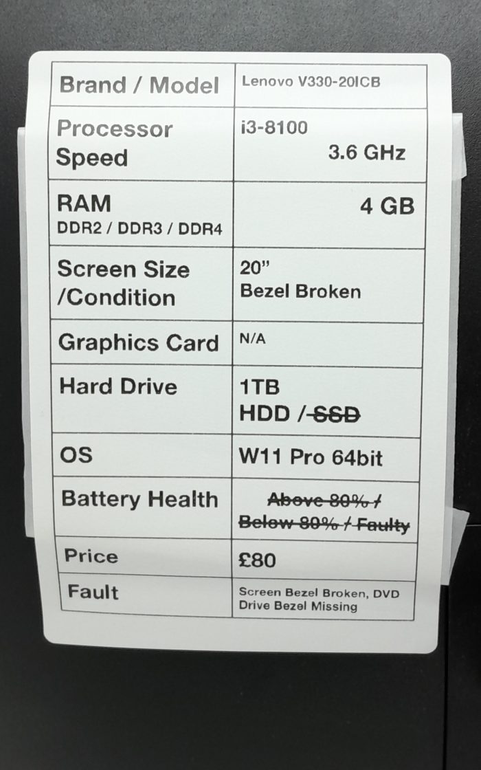 Lenovo V330-20ICB 0007UK - i3-8100 3.6GHz - 4GB Ram - 20" - 1TB HDD - Windows 11 Pro 64bit - Image 3