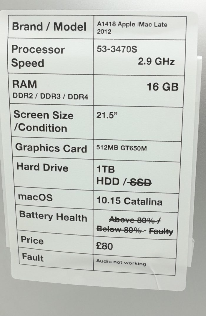 Apple iMac A1418 - i5-3470S 2.9GHz - 16GB RAM - 21.5" GT650M 512MB 1TB HDD - 10.15 Catalina (Late 2012) - Image 3