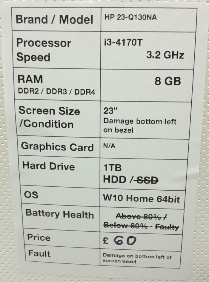 HP 23-Q130NA - i3-4170T 3.2GHz - 8GB Ram - 23" - 1TB HDD - Windows 10 Home 64bit - Image 3