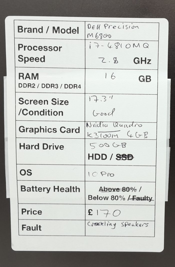 Dell Precision M6800 - i7-4810MQ 2.8GHz - 16GB RAM - 17.3" - Nvidia Quadro K3100m 4GB- 500GB HDD - Window 10 Pro - Image 3